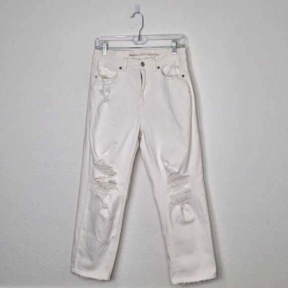 American Eagle Outfitters Pants - American Eagle Mom Straight Jean Sz 8 X-Short 5 Pocket Distressed Neutral Boho